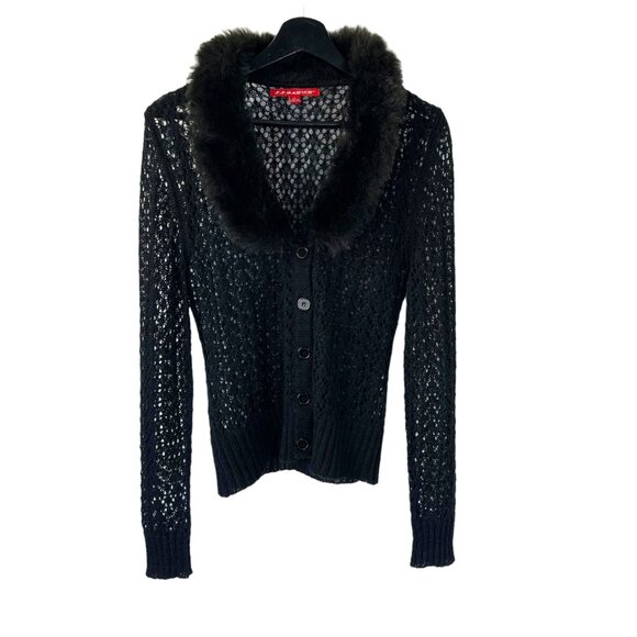 Vintage Sweaters - Vintage 90s Black Crochet Faux Fur Trim Ramie Mohair Blend Button Up Cardigan La